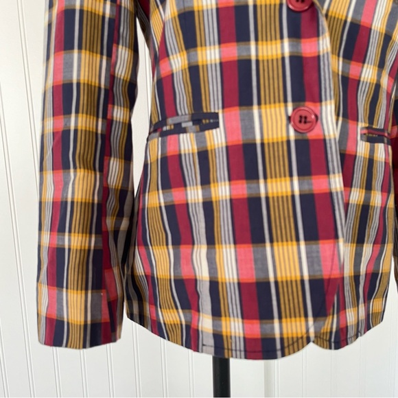 Vintage Plaid Oversized Blazer Light Jacket Red White Blue Yellow Preppy Size 8 - Picture 8 of 10